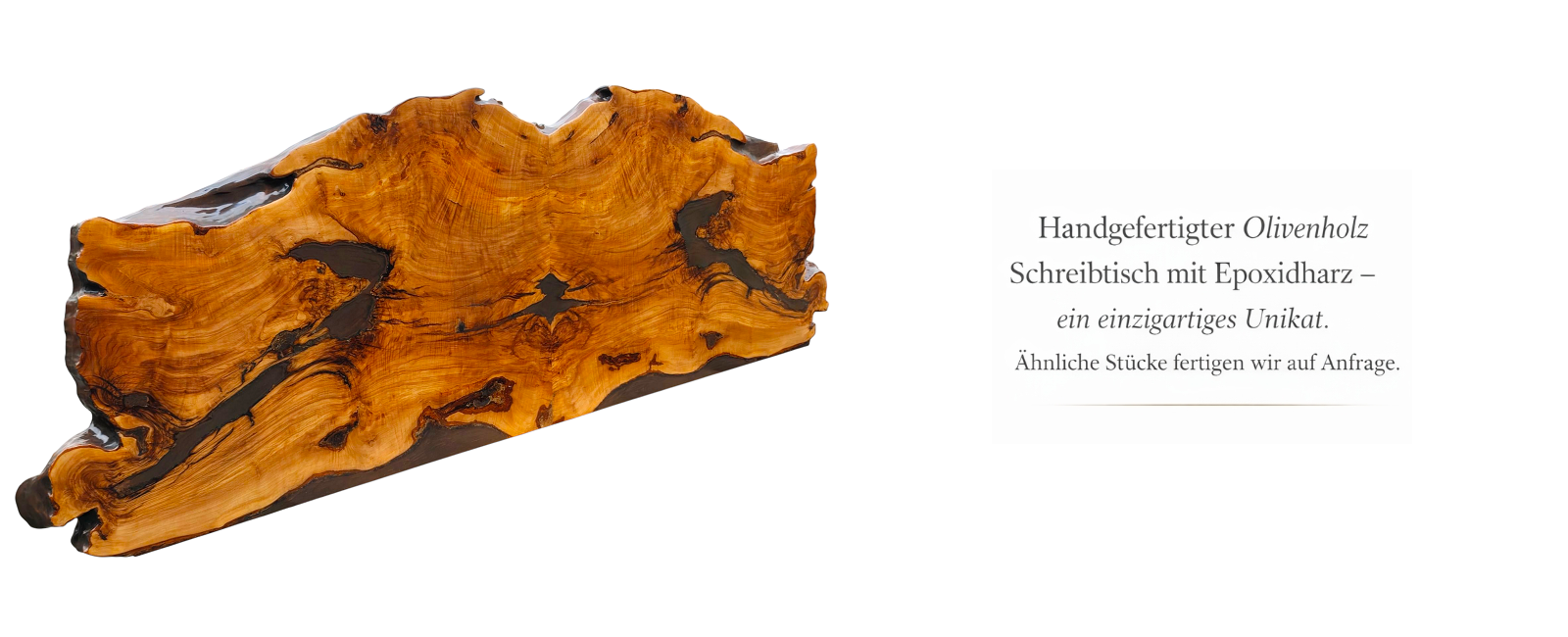 Handgefertigter Olivenholz Schreibtisch aus über 500 Jahre altem Olivenholz mit Epoxidharz – individuelles Unikat für Möbelbau